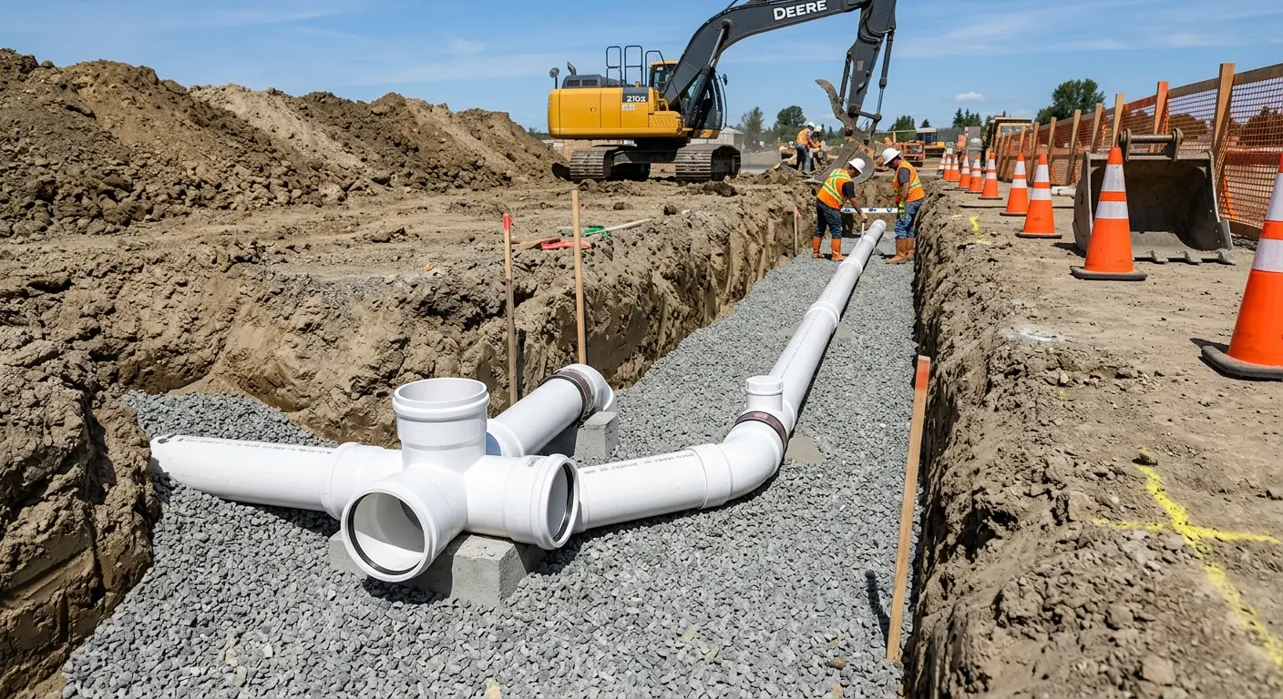 New PVC sewer pipe installation in open trench for Grease Trap Cleaning in Waterloo