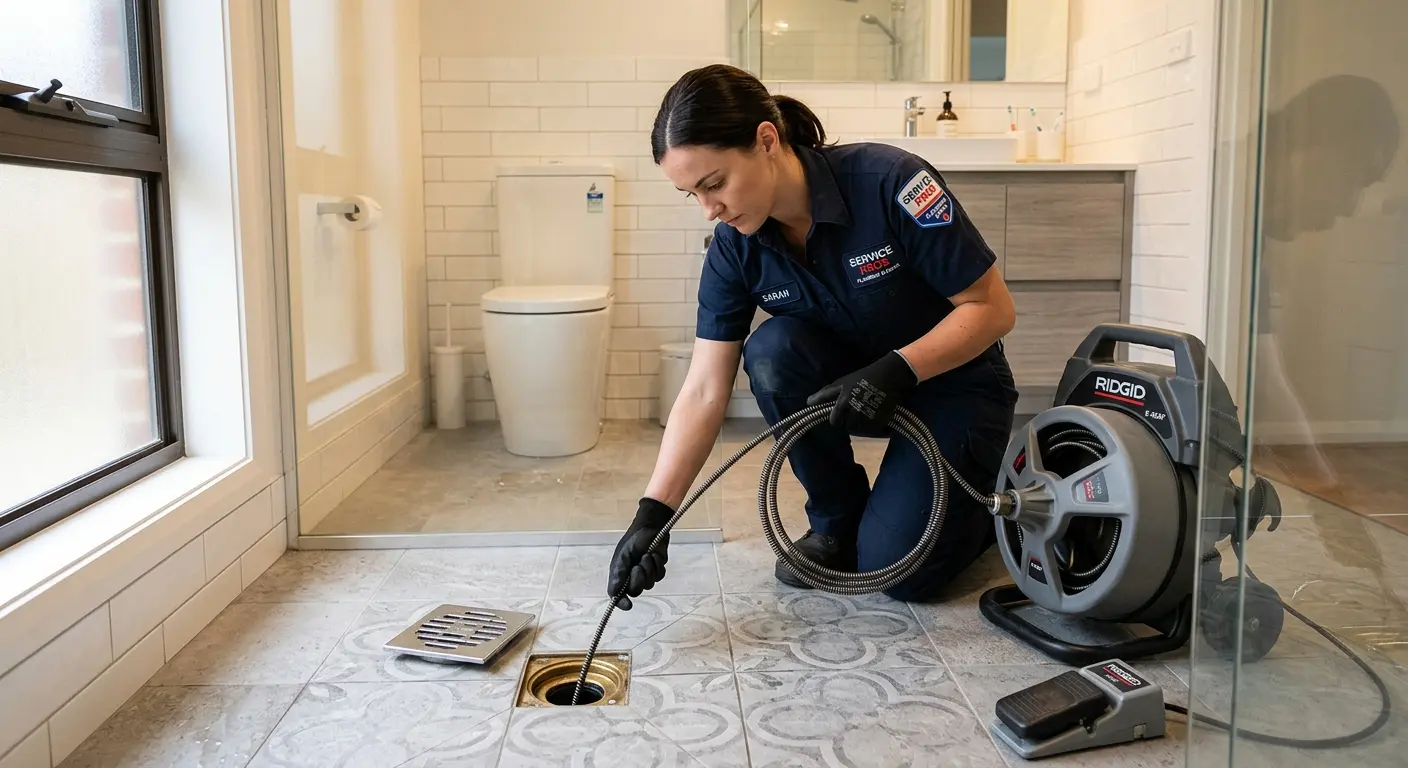 Technician clearing a bathroom floor drain for Sewer Line Installation in Waterloo